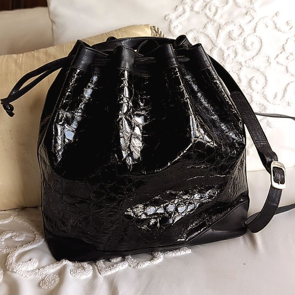 Vintge Salvatore Ferragamo Genuine  Croc Black Leather Drawstring Bu… - Picture 16 of 16